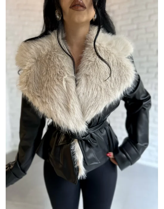 Kadın Yakası Kürklü Deri Ceket