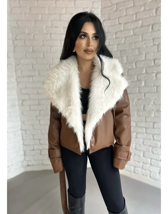 Kadın Yakası Kürklü Deri Ceket