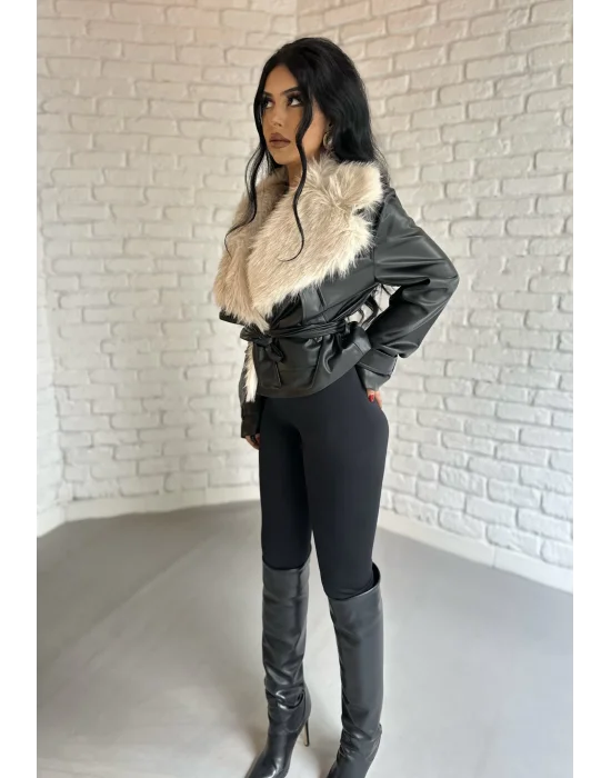 Kadın Yakası Kürklü Deri Ceket