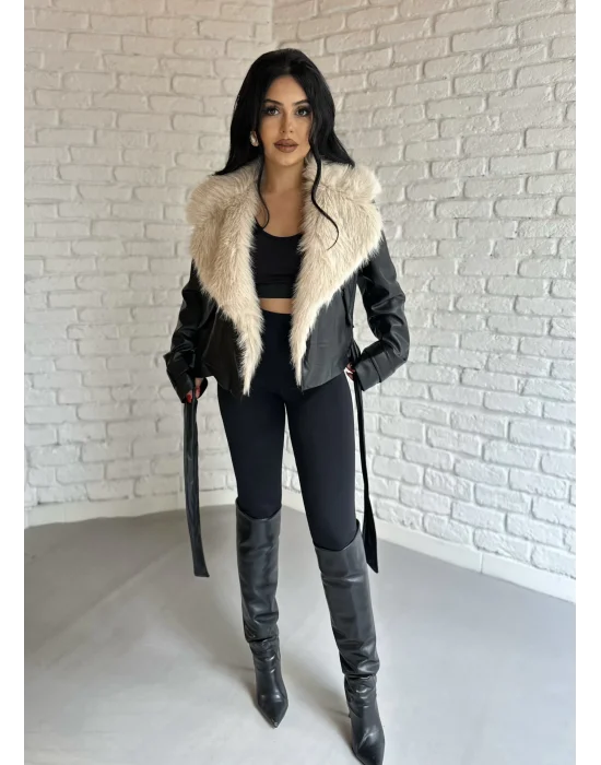 Kadın Yakası Kürklü Deri Ceket