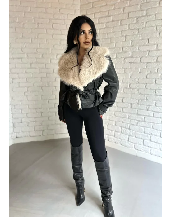 Kadın Yakası Kürklü Deri Ceket