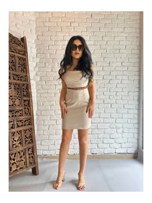 Kadın Kemer Detaylı Askılı Mini Elbise- Bej