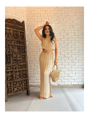 Kadın Ajurlu Simli Triko Büstiyer Ve Yırtmaçlı Etek Takım