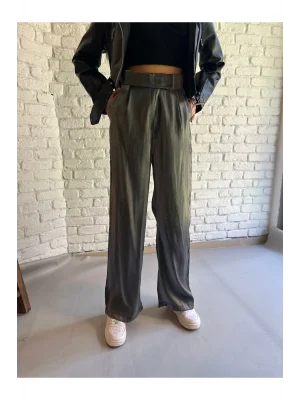 Kadın Beli Çıt Çıt Detaylı Parlak Palazzo Pantolon