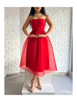 Kadın Straplez Tül Midi Tasarım Elbise - Kırmızı