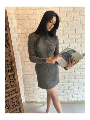Kadın Dik Yaka Simli Triko Elbise