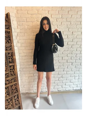 Kadın Dik Yaka Simli Triko Elbise