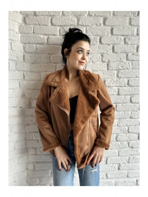 Kadın Dışı Süet İçi Rabit Kürk Kemerli Mont