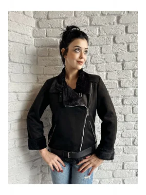 Kadın Dışı Süet İçi Rabit Kürk Kemerli Mont