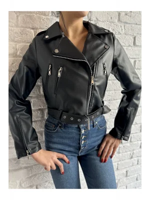 Kadın Beli Kemerli Siyah Kısa Astarlı Biker Deri Mont