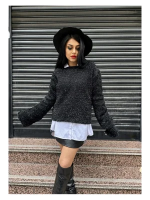 Kadın Bisiklet Yaka Tasarım Simli Bel Dekolteli Kazak - Gold