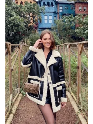 Kadın Içi Kürklü Kruvaze Yaka Siyah Deri Ceket Mont