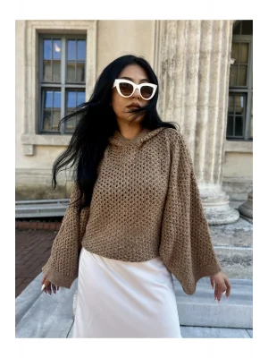 Kadın Kapüşonlu Ajurlu Simli Kazak