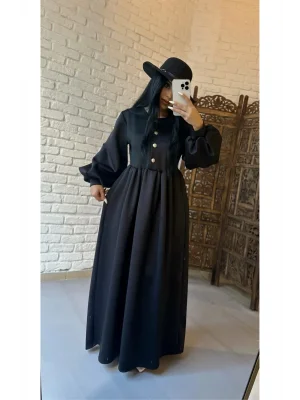 Kadın Balon Kol Önü Düğmeli Scuba Elbise - Siyah