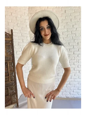 Kadın Bisiklet Yaka Kısa Kol Taş Detaylı Yumuşak Kazak