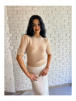 Kadın Bisiklet Yaka Kısa Kol Taş Detaylı Yumuşak Kazak