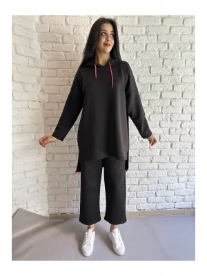 Kadın Pembe Şeritli Siyah kapüşonlu Eşofman Takım