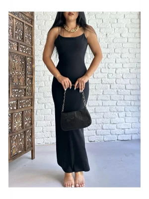Kadın İnce Askılı Sırt Dekolteli Maxi Boy Siyah Elbise
