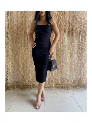 Kadın Siyah Ince Askılı Drape Detaylı Midi Tül Elbise