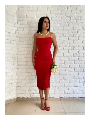 Kadın Kırmızı Ince Askılı Drape Detaylı Midi Tül Elbise
