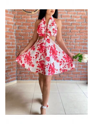 Bel Dekolteli Çiçek Desenli Mini Elbise