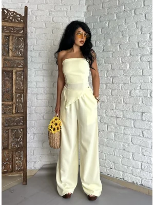 Kadın Asimetrik Straplez Bluz Ve Pantolon Keten Takım