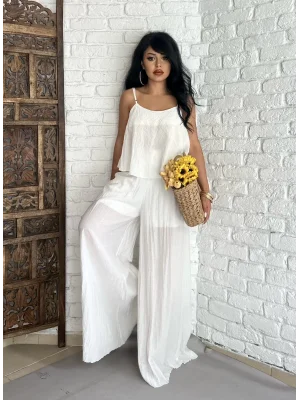 Kadın Askılı Bluz Ve Geniş Paça Pantolon Kırışık Takım