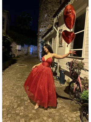 Kadın Askılı Midi Tül Prenses Elbise