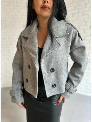 Kadın Astarlı Kolları Kemerli Kısa Kaşe Kaban