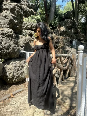 Kadın Ayarlanabilir Askı Sırt Dekolteli Siyah Elbise