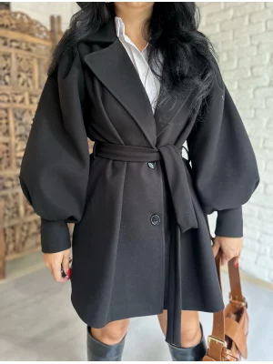 Kadın Balon Kol Kuşaklı Kaşe Kaban