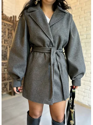 Kadın Balon Kol Kuşaklı Kaşe Kaban