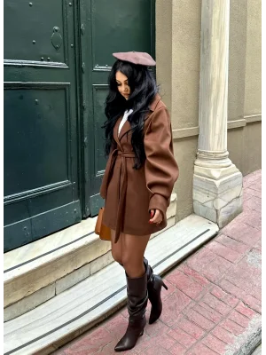 Kadın Balon Kol Kuşaklı Kaşe Kaban