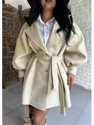 Kadın Balon Kol Kuşaklı Kaşe Kaban