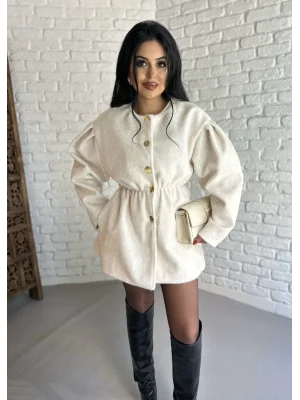 Kadın Beli Lastikli Fox Kumaş Gold Düğmeli Ceket