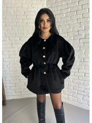 Kadın Beli Lastikli Fox Kumaş Gold Düğmeli Ceket