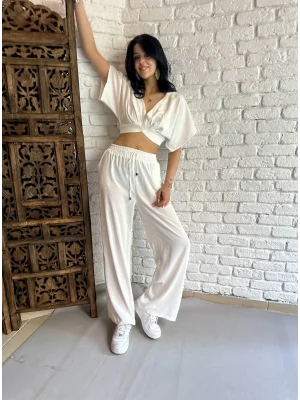 Kadın Beli Lastikli Viskon Kumaş Palazzo Pantolon