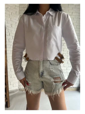 Kadın Beyaz Kemer Detaylı Crop Gömlek
