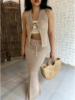 Kadın Bohem Gül Akseuarlı Triko Takım