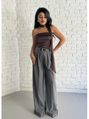 Kadın Bol Paça Pileli Kemerli Palazzo Pantolon