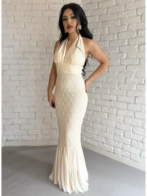 Kadın Boyundan Bağlamalı Dantelli Uzun Elbise