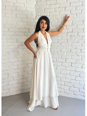 Kadın Boyundan Bağlamalı Gold Detaylı Uzun Elbise