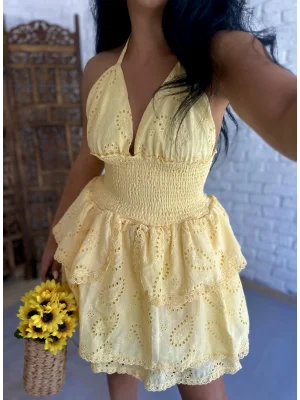 Kadın Boyundan Bağlamalı Kat Kat Fisto Tasarım Elbise