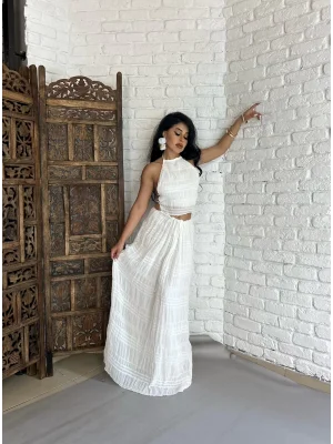 Kadın Boyundan Bağlamalı Sırtı Açık Büstiyer Ve Etek Takım