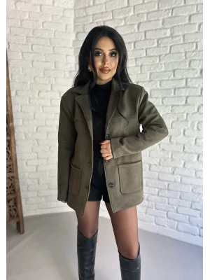 Kadın Cepli Astarlı Premium Süet Ceket