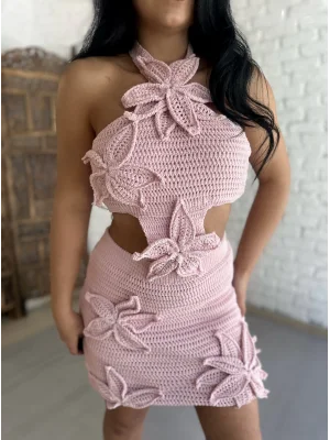 Kadın Çiçek Aplike Detaylı Triko Özel Tasarım Elbise