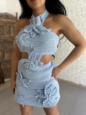 Kadın Çiçek Aplike Detaylı Triko Özel Tasarım Elbise