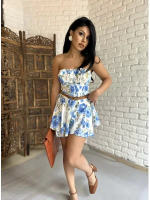 Kadın Çiçek Desenli Straplez Şortlu Elbise