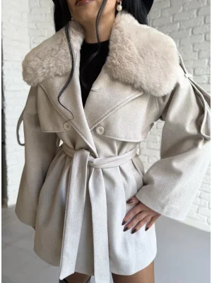 Kadın Çıkarılabilir Kürk Yaka Kaşe Kaban