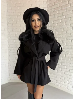 Kadın Çıkarılabilir Kürk Yaka Kaşe Kaban